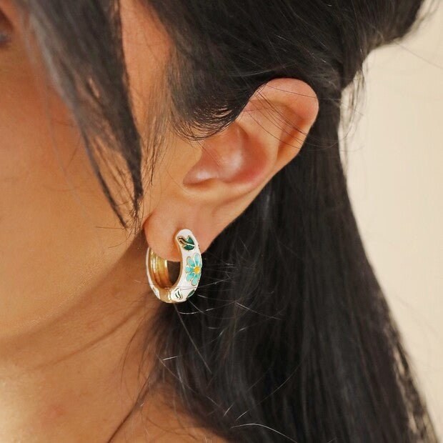 Floral Cloisonné Hoop Earrings - 66160 - Uneeka